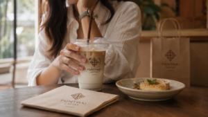 ลูกค้านั่งในคาเฟ่ถือแก้วพิมพ์โลโก้ บนโต๊ะมีแนปกิ้นพิมพ์โลโก้และถุงกระดาษ สะท้อนระบบ packaging ร้านอาหารที่ช่วยให้ลูกค้าจำแบรนด์ได้